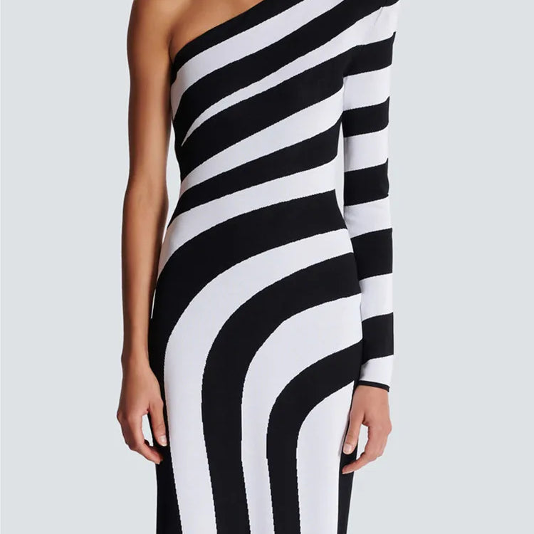 Women Celebrity Sexy One Shoulder Striped Jacquard Maxi Long Split Bodycon Bandage Dress 2024 Elegant Evening Club Party Dress