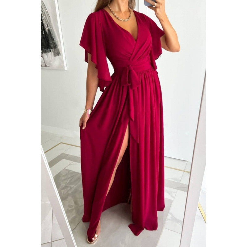 Solid Color High Waist Lace-up Gown Ladies Elegant Commuter Evening Party Split Hem Dressy Women's V Neck Flared Sleeve Dresses Red