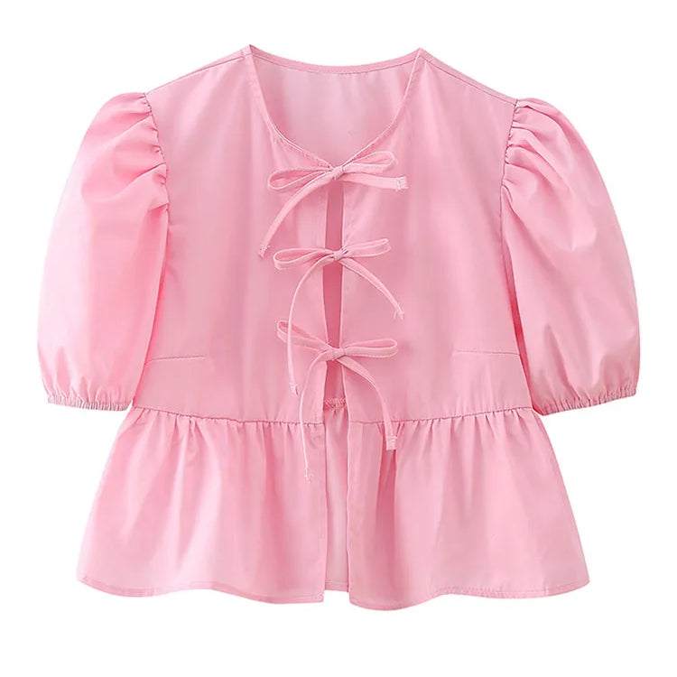 Bow Tied Lace Up Shirt Women Pleats Office Puff Sleeve Female Chic Slim Solid Tops Summer Sweet Lady V Neck Tops Pink