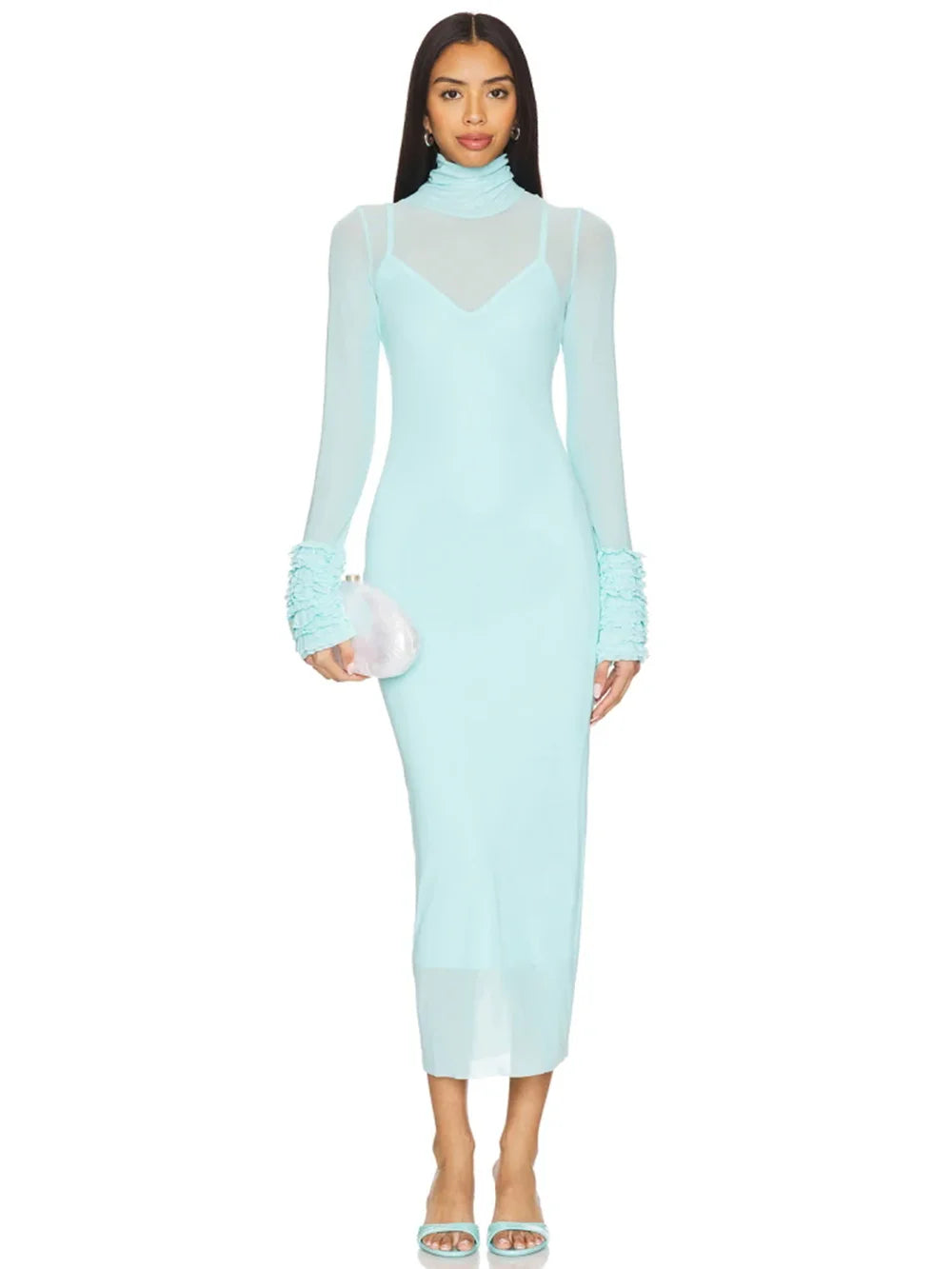 Sexy Turtleneck Ruffle-Cuff Mesh Tight Long Dress Women Long Sleeves Ruffles Bodycon Midi Dresses Evening Party Cocktail Club