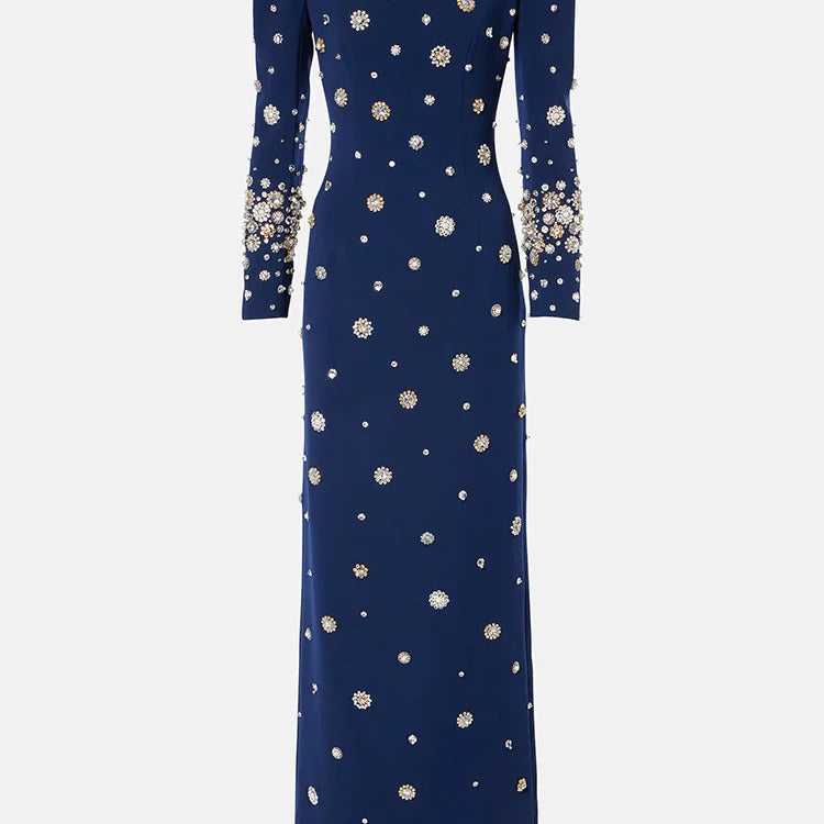 2025 New Spring Women Long Sleeve Beading Crystal Fashion Slim Long Maxi Dress Celebrate Elegant Evening Party Cocktail Dress