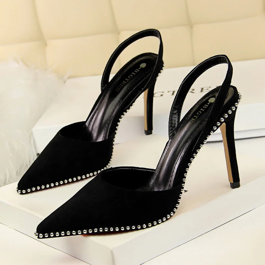 Women 9m High Heels Sandals Lady Suede Slingback Mules Sandles Summer Stripper Nightclub Dress Rivets Replica Hollow Party Shoes Black Flock