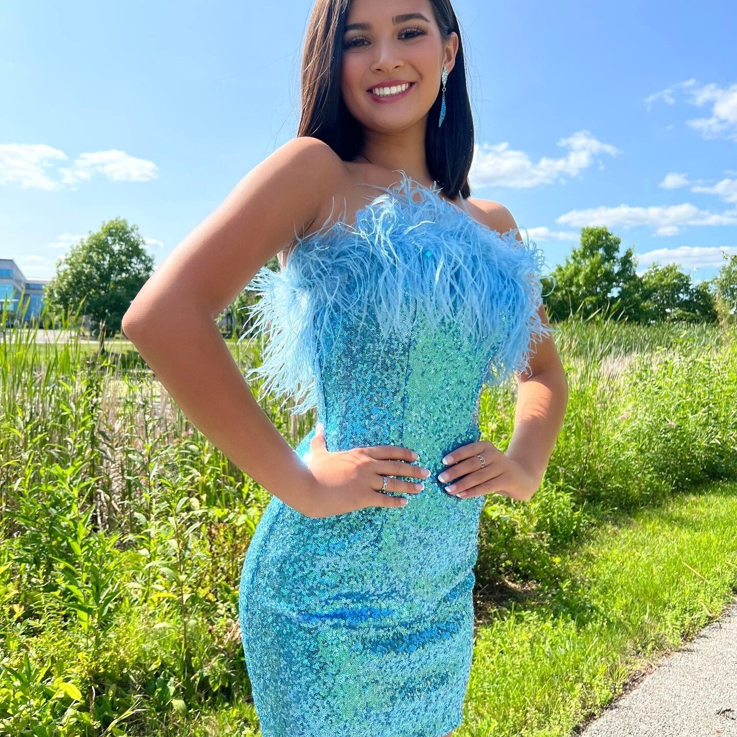 Sequin Mini Hoco Dress 2024 NYE Feather Strapless Short Lady Formal Homecoming Party Gown Club Night Cocktail Prom Gala RoseGold Sky-Blue