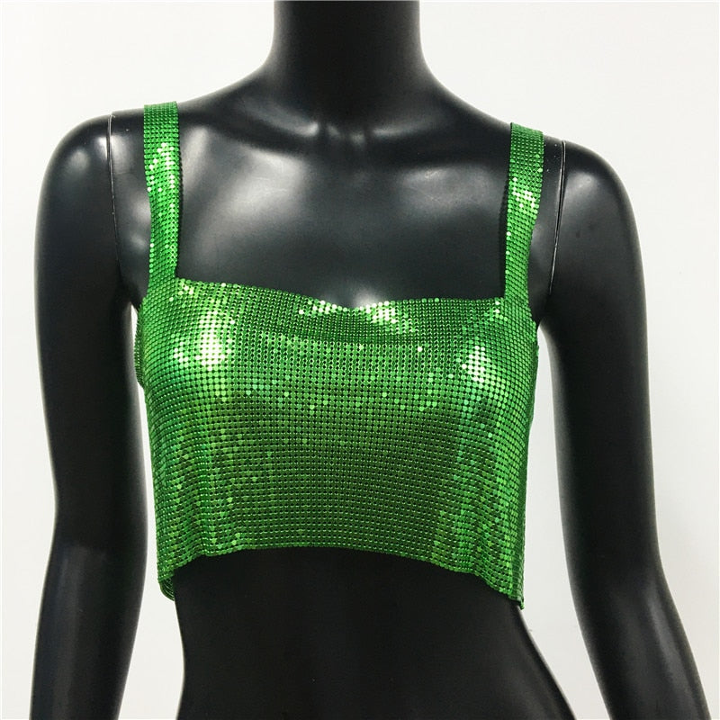 Sexy Metal Sequin Tank Top For Women y2k Summer Beach Backless Crop Top Rave Festival Club Outfits Camisole Green One Size