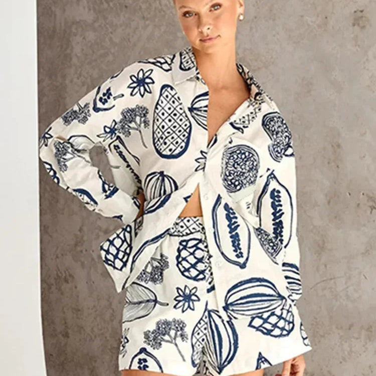 Foridol Fruit Printed Pockets Casual Shirt+shorts Set Outfits Matching Set Summer Women Spring Beach Oversize White Set