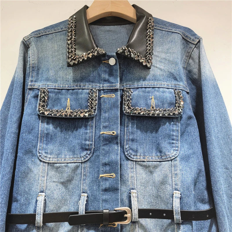 Autumn New Fashion Patchwork Diamond Single-breasted Double Pocket Pleated Lace Trim Denim Jacket For Women 11A07629