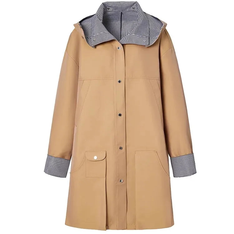 Lautaro Spring Autumn Cool Oversized Waterproof Khaki Patchwork Checkerboard Trench Coat for Women with Detachable Hood Fashion