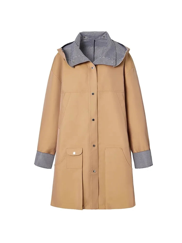 Lautaro Spring Autumn Cool Oversized Waterproof Khaki Patchwork Checkerboard Trench Coat for Women with Detachable Hood Fashion