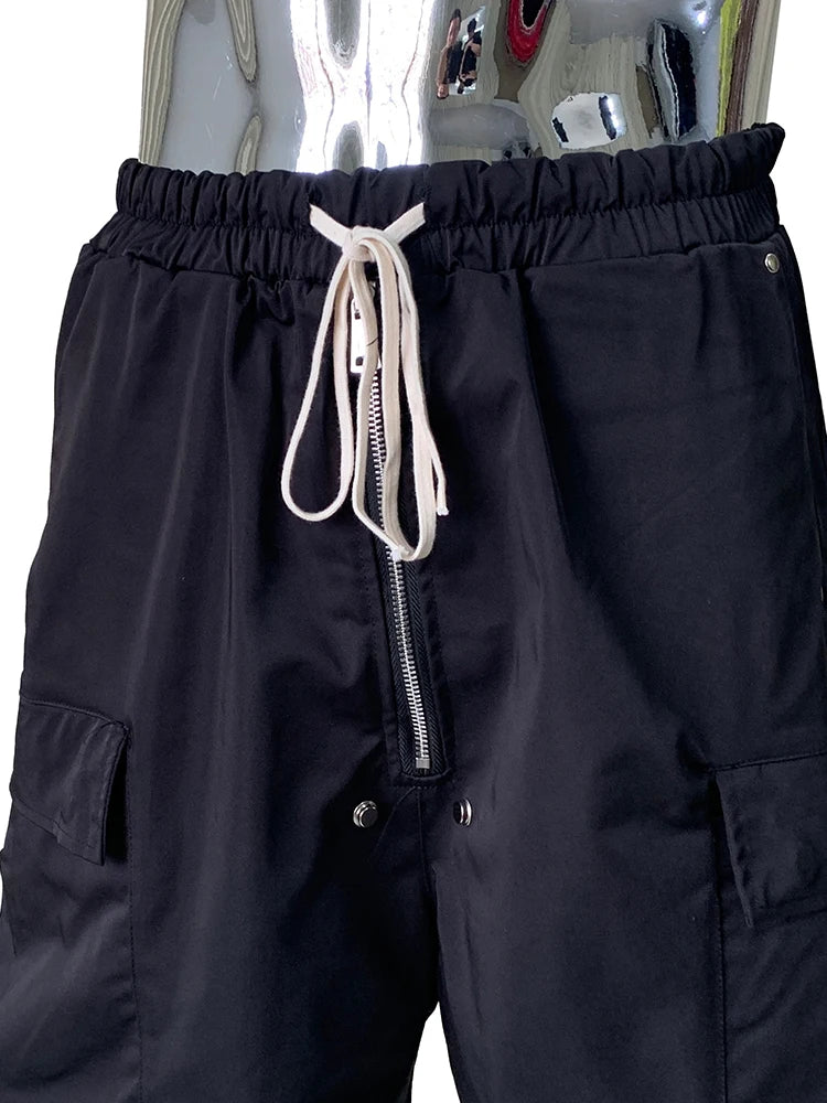 Lautaro Summer Autumn Black Cargo Shorts for Men High Elastic Waist Drawstring Pockets Loose Casual Short Straight Pants Clothes