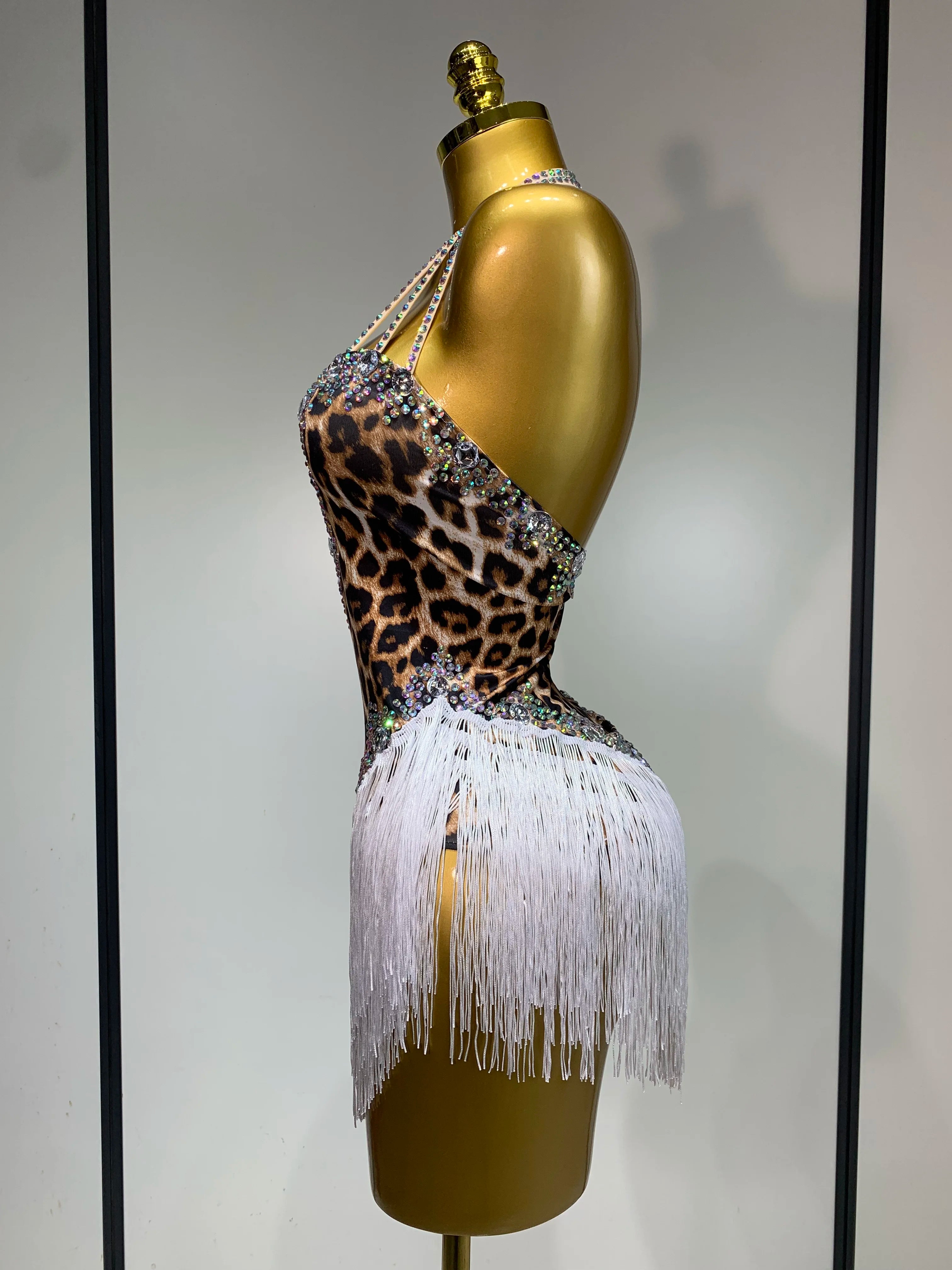 Sexy Backless Sparkly Rhinestones Tassel Leopard Print Bodysuit Performance Dance Costume Singer Dancer Stage Wear Club Outfit