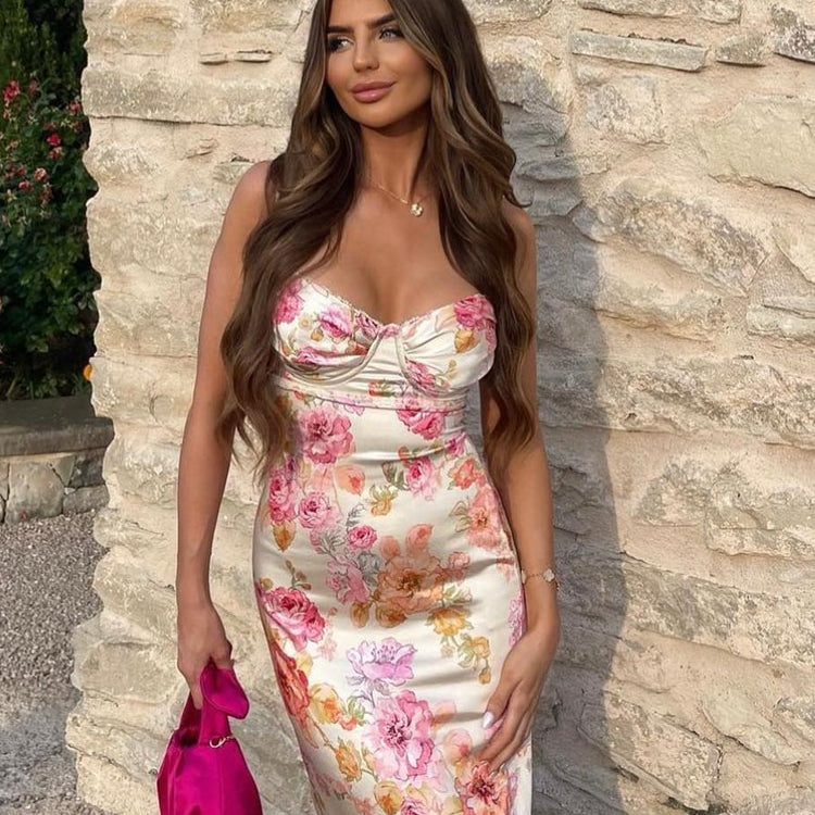 Suninheart Summer Spaghetti Strap Floral Print Party Dresses Elegant Maxi Bodycon Wedding Guest Holiday Dress New In Dress