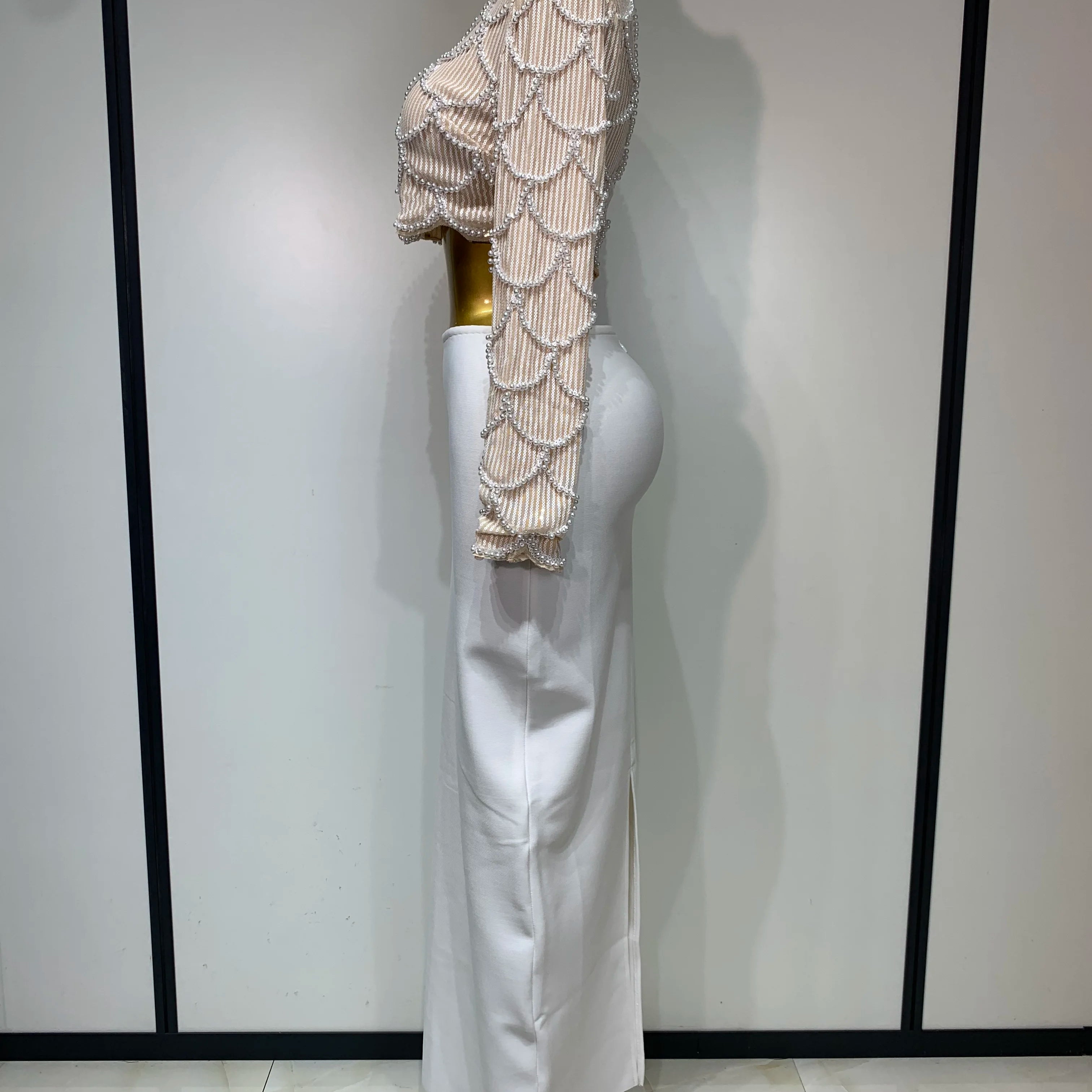 Women Long Sleeve Sexy Beading Tops Two Pieces Set Bodycon Long Bandage Dress Luxury Birthday Evening Party Wedding Guest Gowns