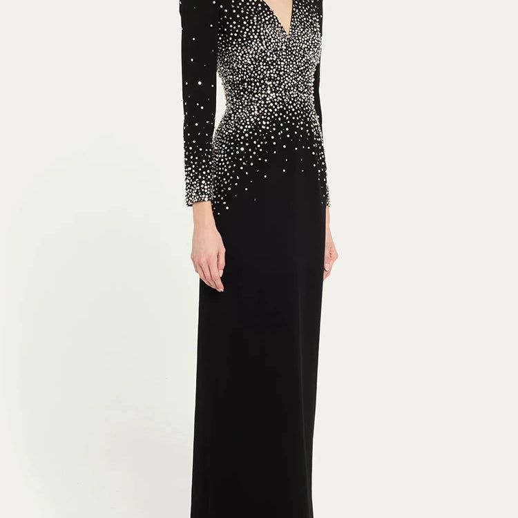 Black Long Sleeves Pearls Embellished Long Dress For Women V Neck Beaded Celebrity Party Evening Gowns Vestidos