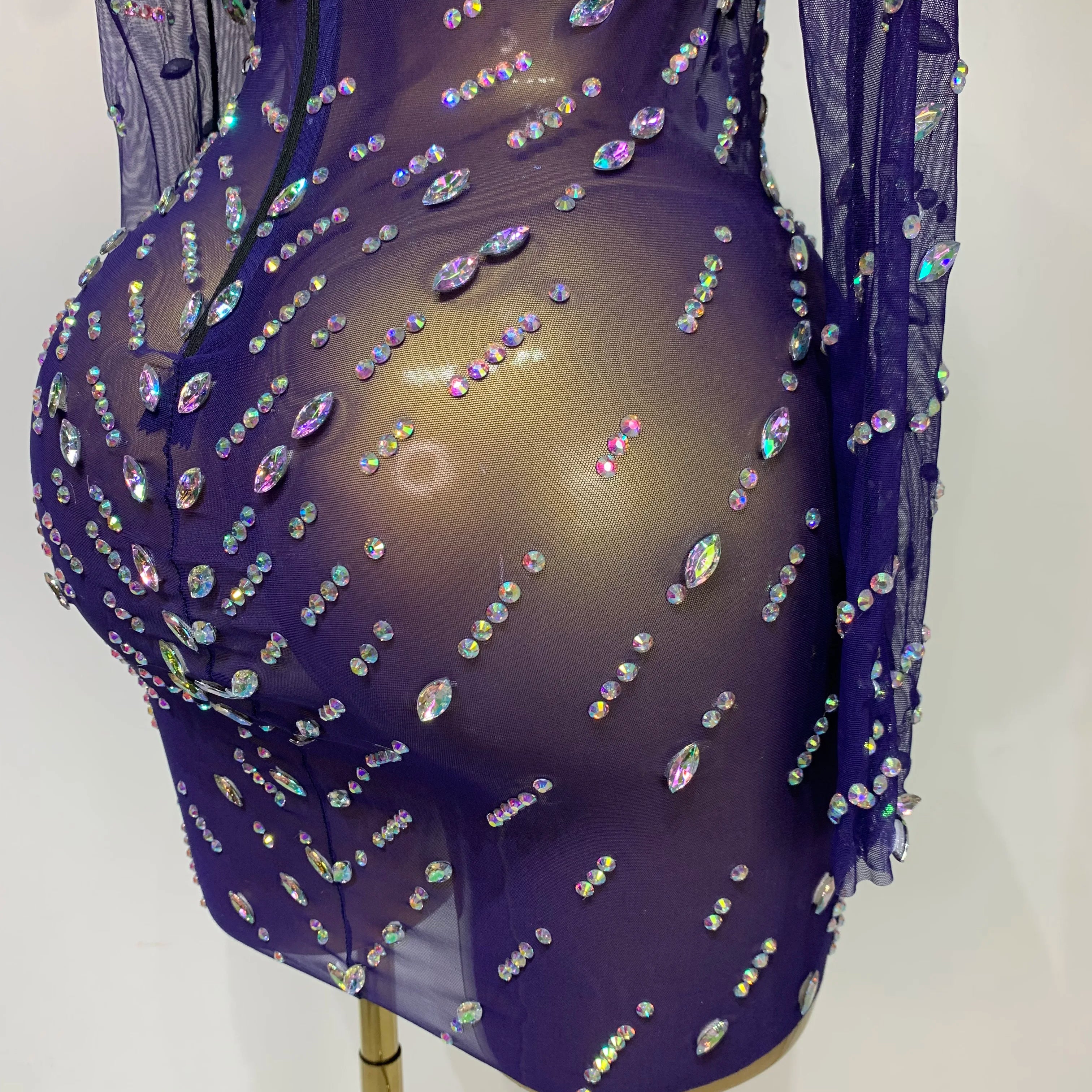 Sparkly Diamonds Mesh See Through Long Sleeves Mini Dress Women Eveing Birthday Party Sexy Nightclub Bar Singer Stage Costume
