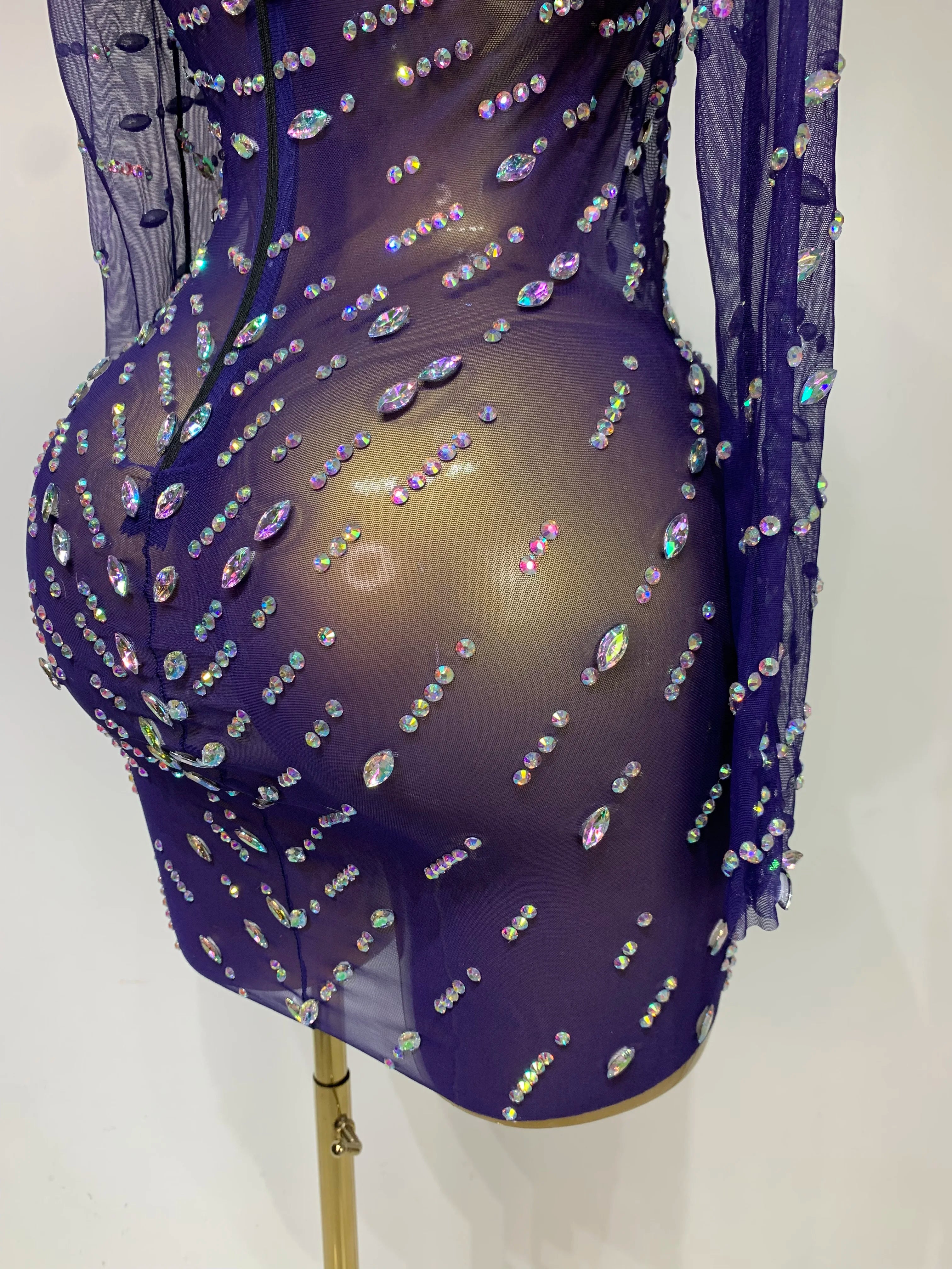 Sparkly Diamonds Mesh See Through Long Sleeves Mini Dress Women Eveing Birthday Party Sexy Nightclub Bar Singer Stage Costume