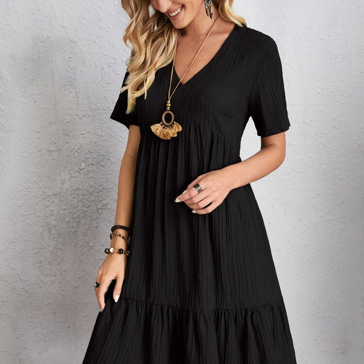 Summer Knee Length Dresses for Women 2024 New-In One-Piece Loose Casual Short Sleeve Dress Vintage Chic Maxi Midi Dress Outfits C1 Black