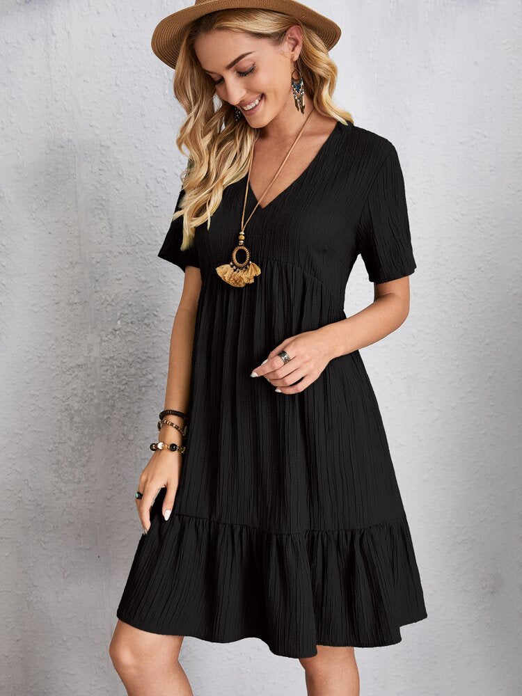 Summer Knee Length Dresses for Women 2024 New-In One-Piece Loose Casual Short Sleeve Dress Vintage Chic Maxi Midi Dress Outfits C1 Black