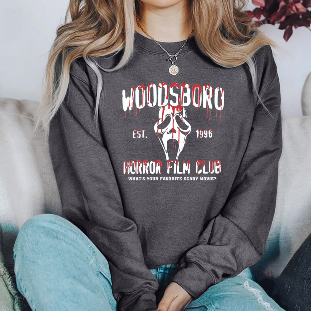 Scream Movie Woodsboro High Sweatshirt Ghostface Graphic Sweater Horror Film Club Halloween Crewneck Sweatshirts Hipster Tops Dark Grey