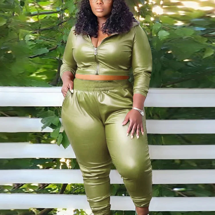 Wmstar Plus Size PU Two Piece Outfits Women Fall Clothing Hoodies Coat Pants Sets Legging Matching Set Wholesale Dropshipping green