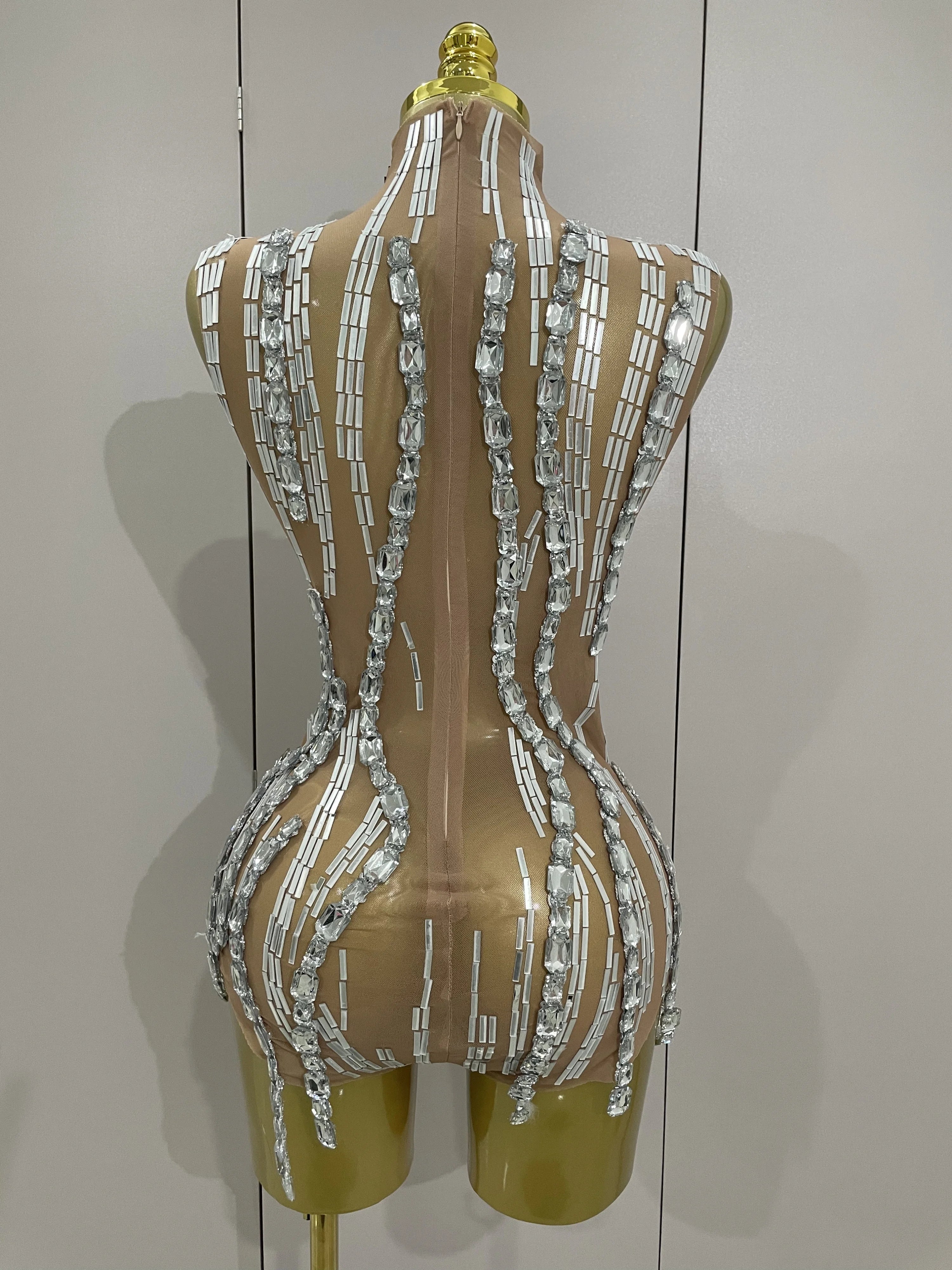 Sparkly Rhinestone Chain Sexy Transparent Sleeveless Bodysuit 2025Women Party Nightclub Team Performance Costume Show Stage Wear