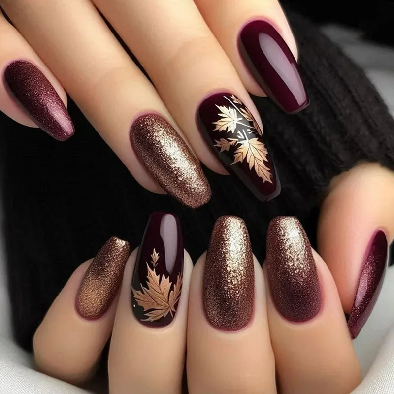 24Pcs Fashion Fake Nails Press on Long Ballet False Nails Art with Flower Design Brown Detachable Full Cover Nail Tips Manicure 1836