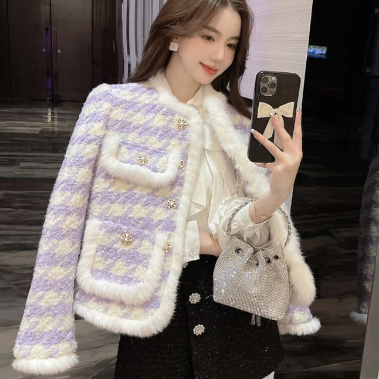 Women's Cotton Short Coat Commuter Style Overshirt Thickened Jacket Autumn Winter Clothes Imitation Mink Fur Coat Checkered Suit