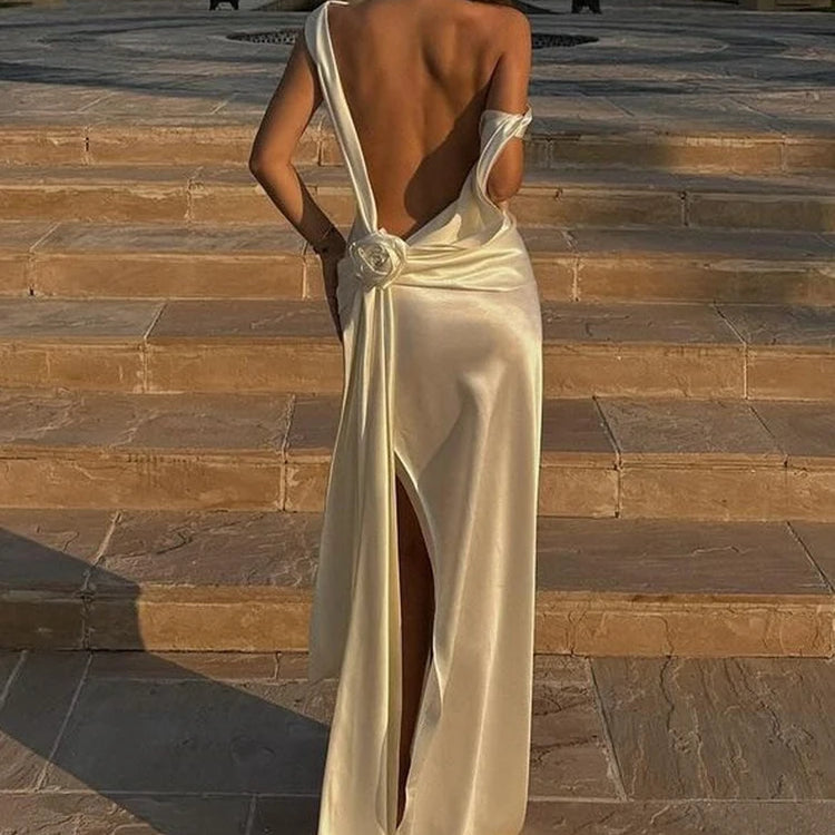 Mozision Satin Backless Sexy Maxi Dress For Women Elegant Rose Thigh High Split Beach Holiday Long Dress Gorgeous Club Gown