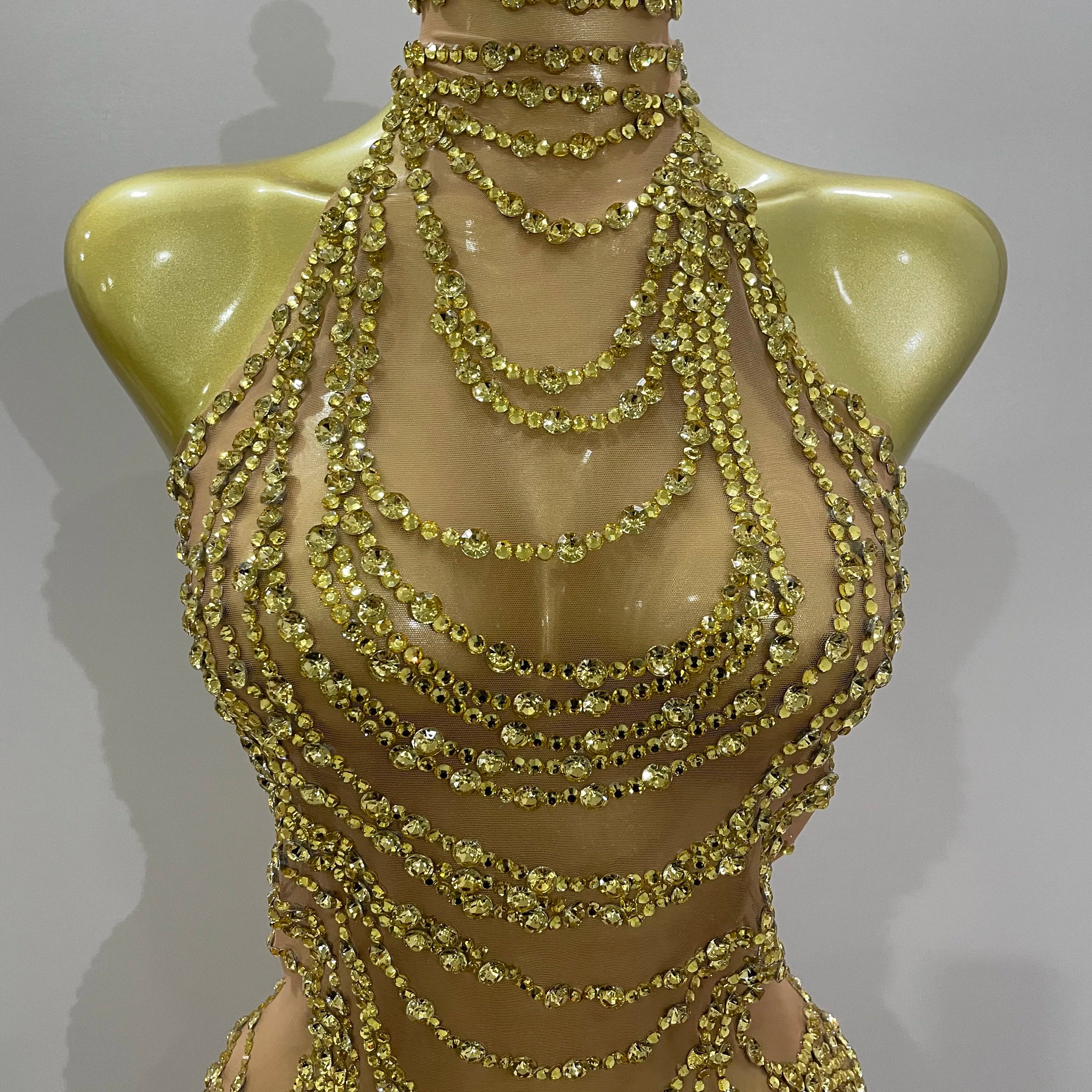 Luxury Sparkly Gold Rhinestone Sexy Transparent Mesh Long Dress 2025 Women Birthday Party Gown Stage Singer Performance Costume