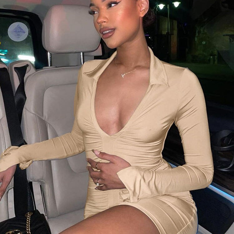 Simenual Ruched V Neck Turn Down Collar Skinny Dress Long Sleeve Fall Spring Sexy Clubwear Birthday Outfit Women Mini Dresses