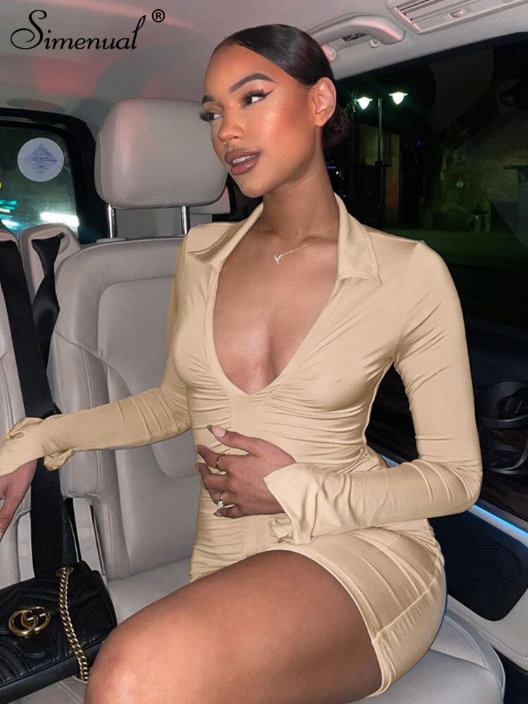 Simenual Ruched V Neck Turn Down Collar Skinny Dress Long Sleeve Fall Spring Sexy Clubwear Birthday Outfit Women Mini Dresses
