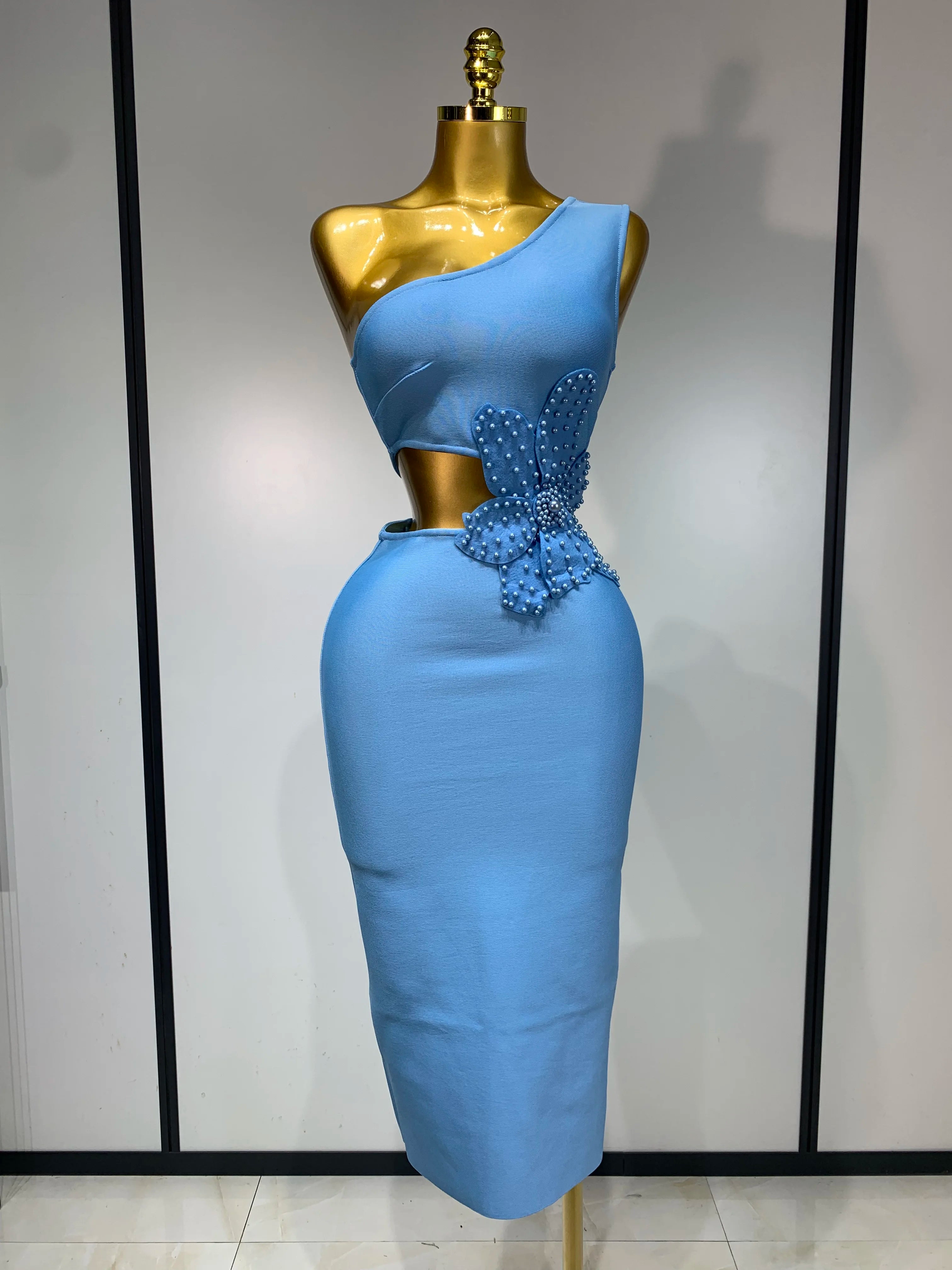 Women Sexy Luxury Birthday One Shoulder Pearl Sky Blue Bodycon Bandage Dress 2025 Celebrity Elegant Evening Club Party Outfit