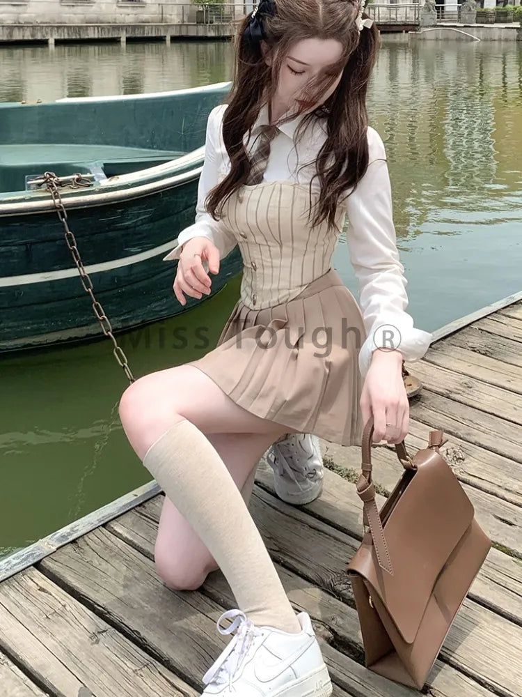 Sweet Elegant 3 Piece Set Women Korean Fashion Party Mini Skirt Set Female Vintage Designer Pleated Skirt Suit 2024 Autumn New