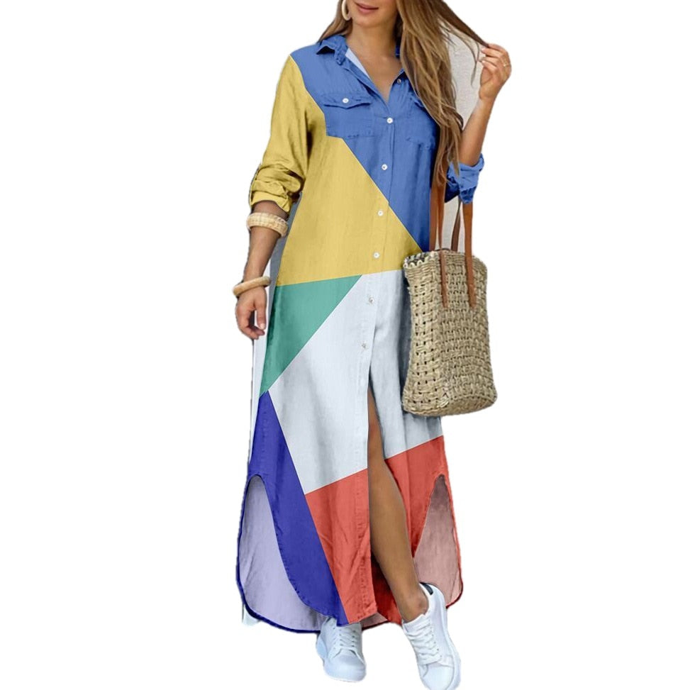 Women's fashion casual dress with loose V-neck print lining