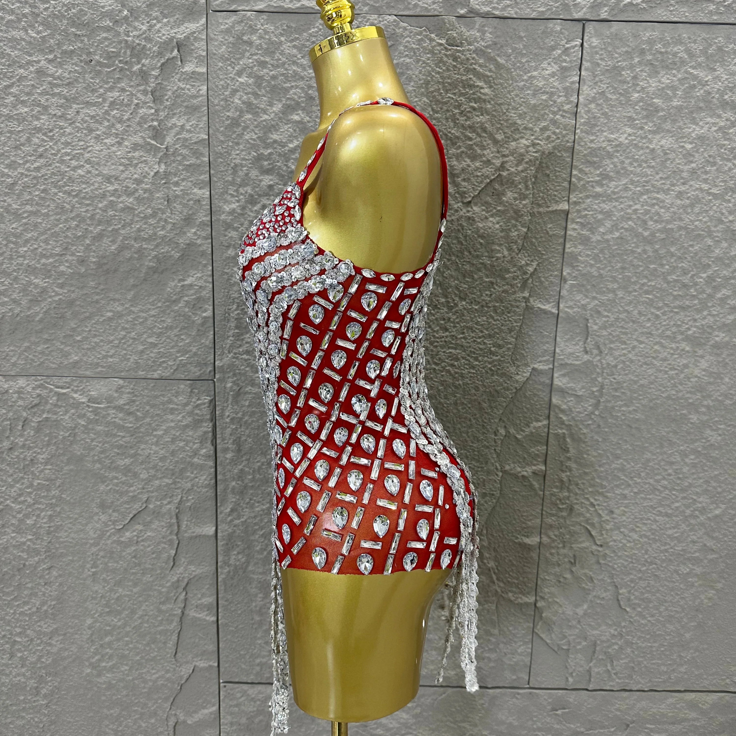 Sexy Sheer Mesh Bodysuit Women Spaghetti Strap V-Neck Full Crystal Embellished Fringe Bodycon Outfit Stage Performance Costume