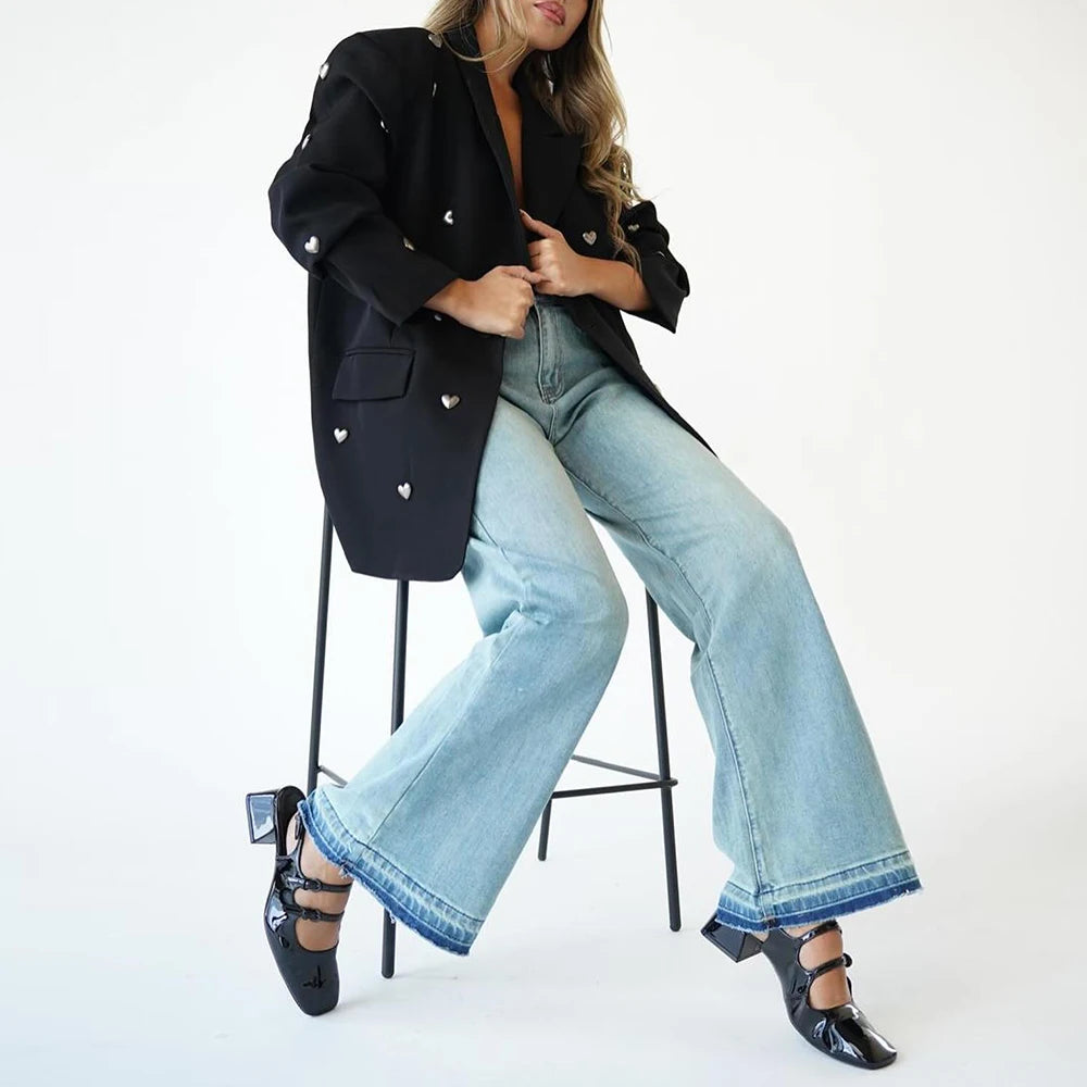 Elegant Spliced Heart Blazers For Women Notched Collar Long Sleeve Patchwork Pockets Chic Blazer Female Fashion New