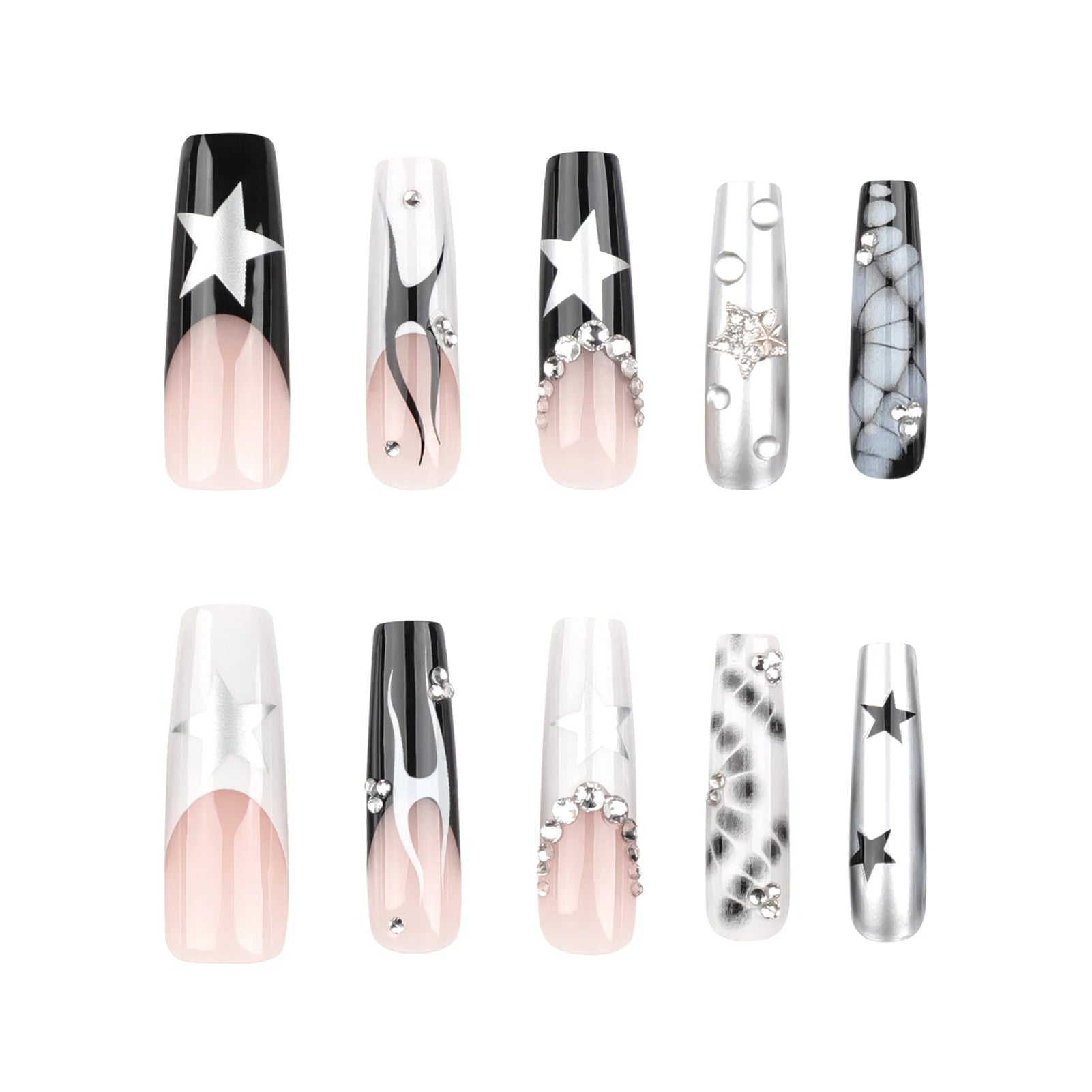 24pcs Long Coffin Gothic Press on Nails Sliver Star Flame Crocodile Print False Nail Wearable European Spicy Girl Fake Nails
