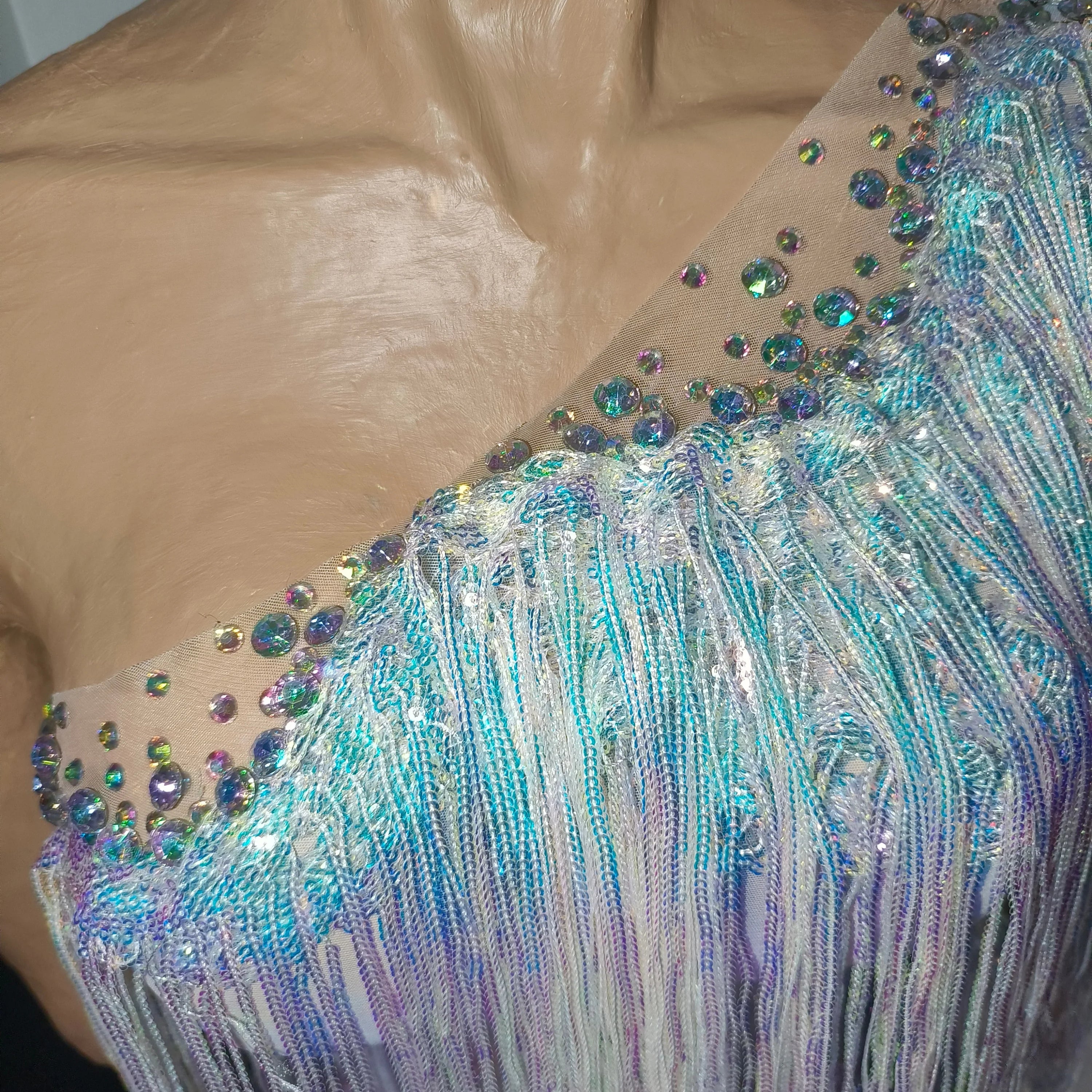Glamorous Nude Sheer Mesh Dress Women Long Sleeve AB Rhinestone Fringe Embellished Nightclub Party Dance Performance Outfit