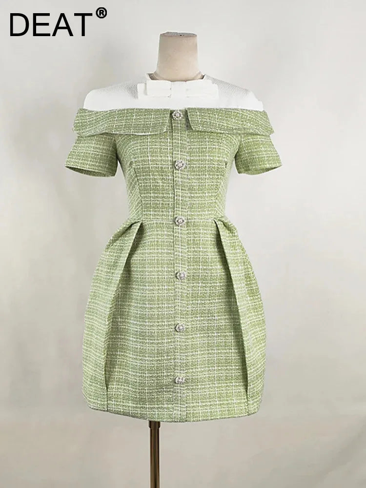 DEAT Women's Patchwork Tweed Dress Fashion Contrast Color Single Breasted High Waist Elegant Dresses Female New 13DB3854