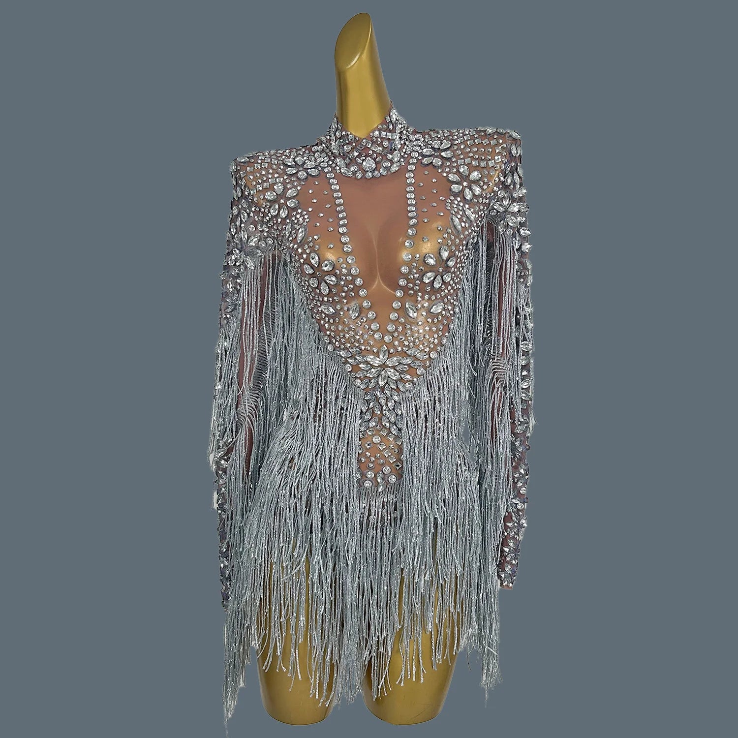 Shining Silver Tight Bodysuit Performance Dancer Costume Women Sexy Mesh Stretch Sequins Fringes Nightclub Stage Outfit Shenhui GRAY
