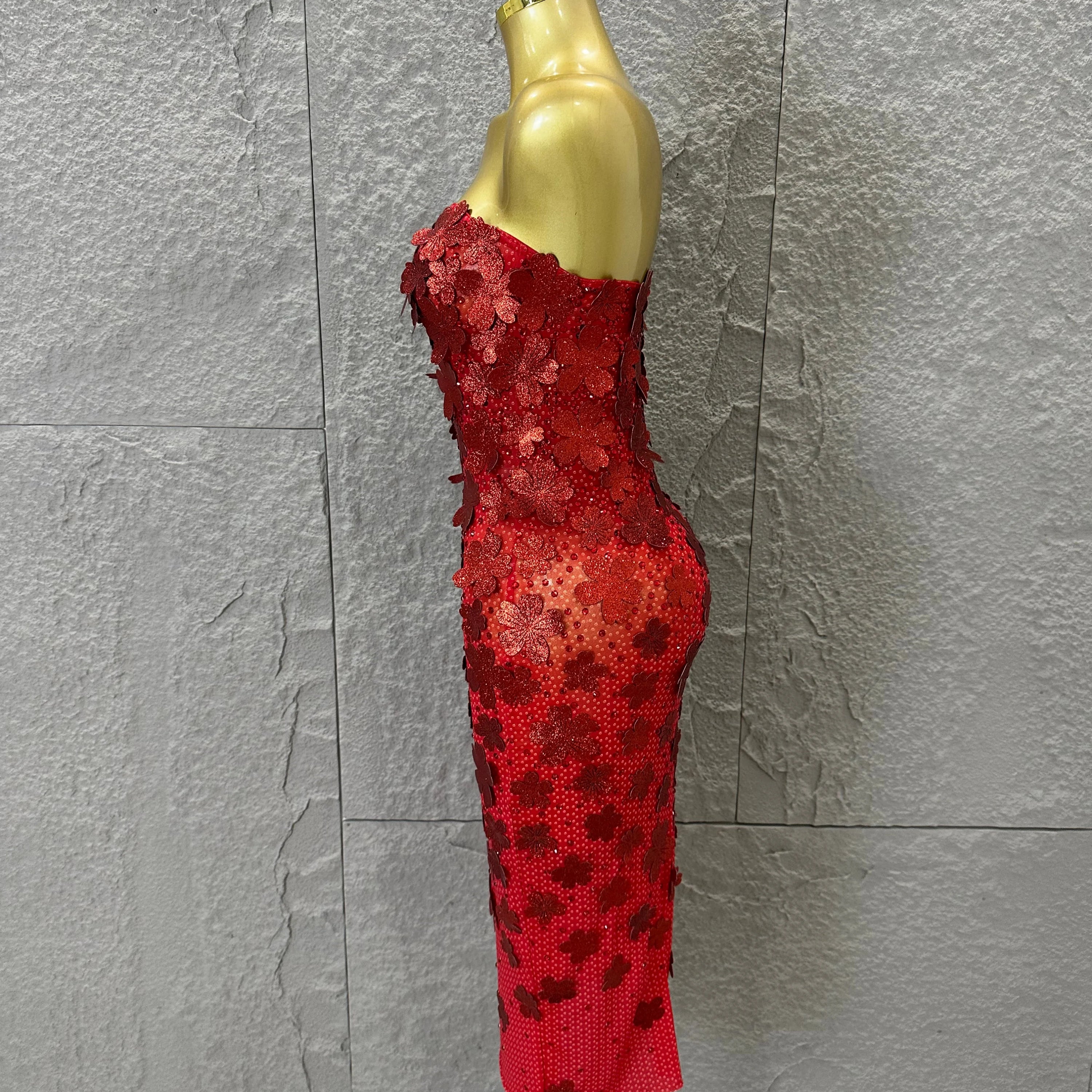Sparkly Women Sexy Strapless Slim-fit 3D Flower Evening Gala Party Nightclub Cocktail Party Stage Performance Costume