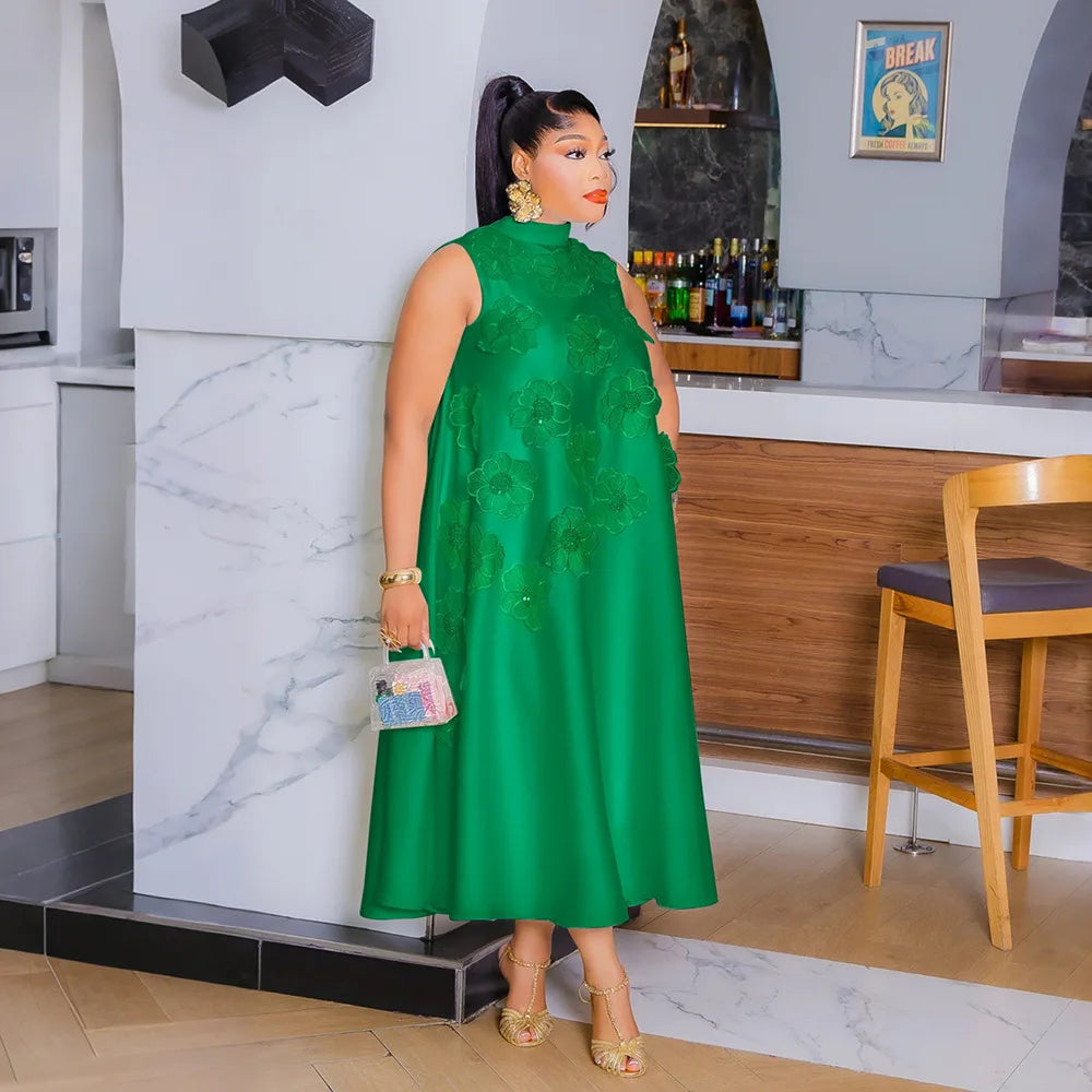 Elegant Women Sleeveless Loose 3D Flower O-neck Dress 2025 Summer Bodycon African Street Midi Maxi Long Dresses Vestidos Green