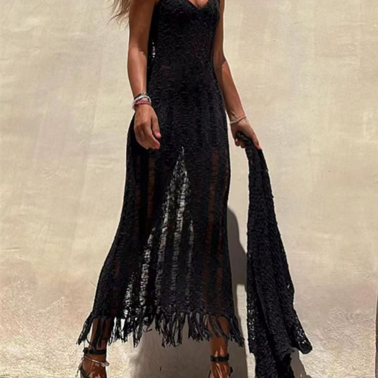 Summer Beach Clothes - Fringe Tassel Knitted Cover Up Cover-ups Beach Wear Sexy Vestidos Hollow Out Robe Long Dress Slit