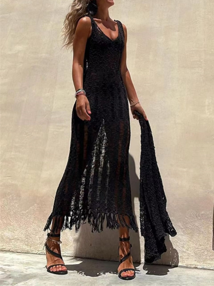 Summer Beach Clothes - Fringe Tassel Knitted Cover Up Cover-ups Beach Wear Sexy Vestidos Hollow Out Robe Long Dress Slit