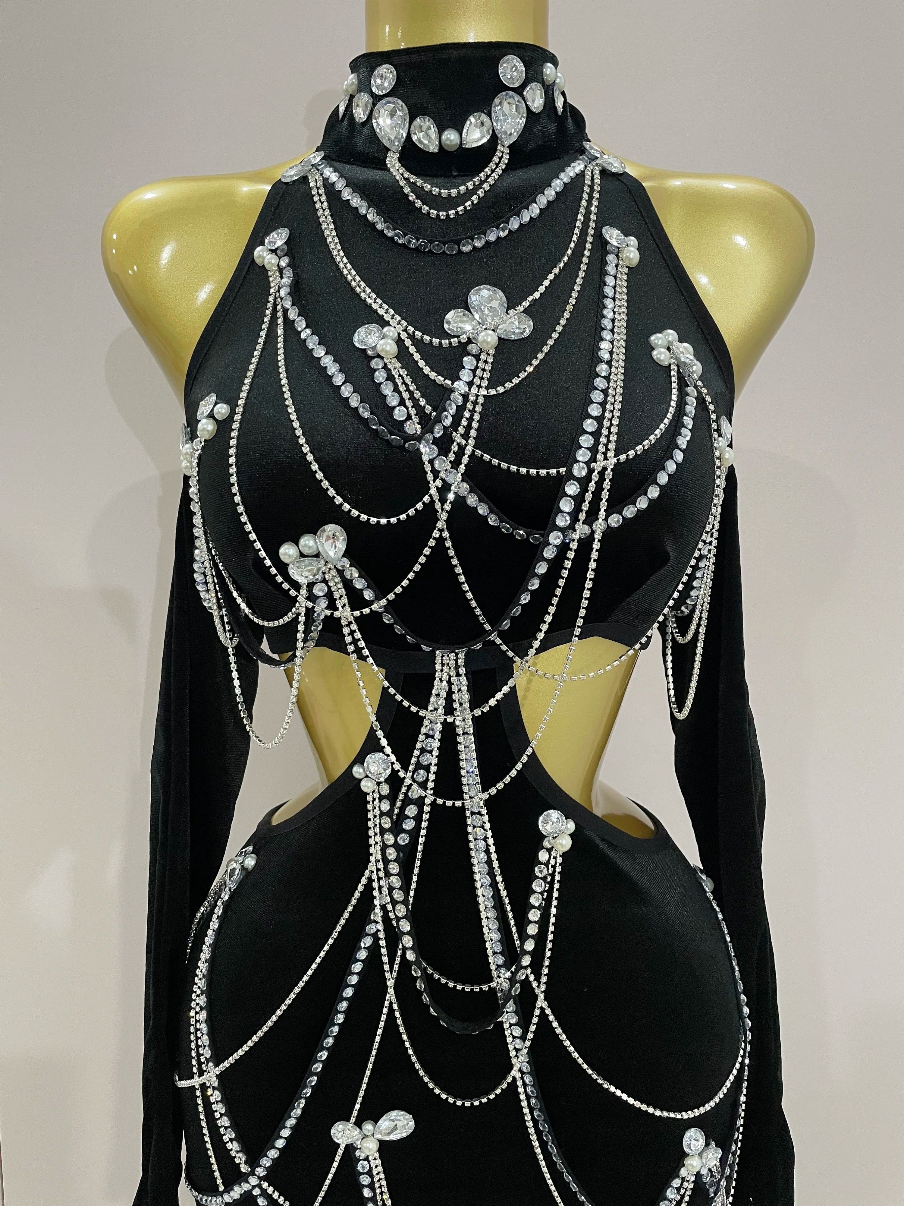 2025 Women Sparkly Diamonds Tassels Chain Balck Sexy Halter Backless Long Dress Evening Birthday Party Celebrate Stage Costume