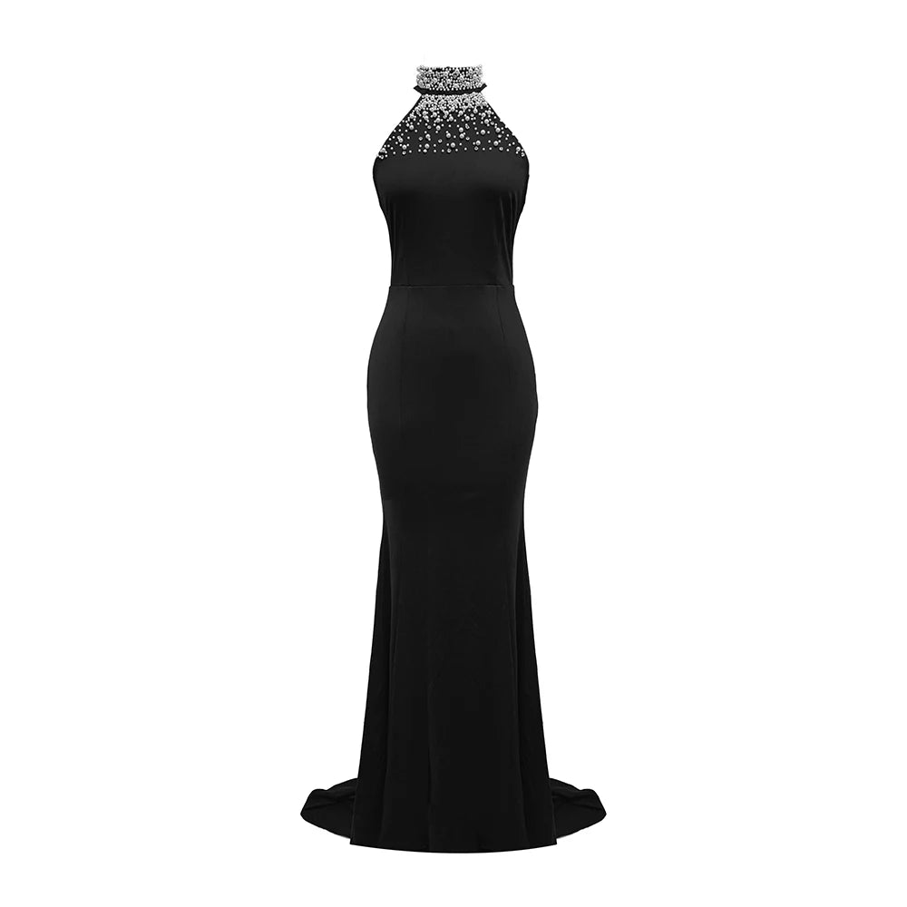 Glamorous Black Halter Neck Mermaid Dress Gown with Crystal Embellishments for Luxury Galas black