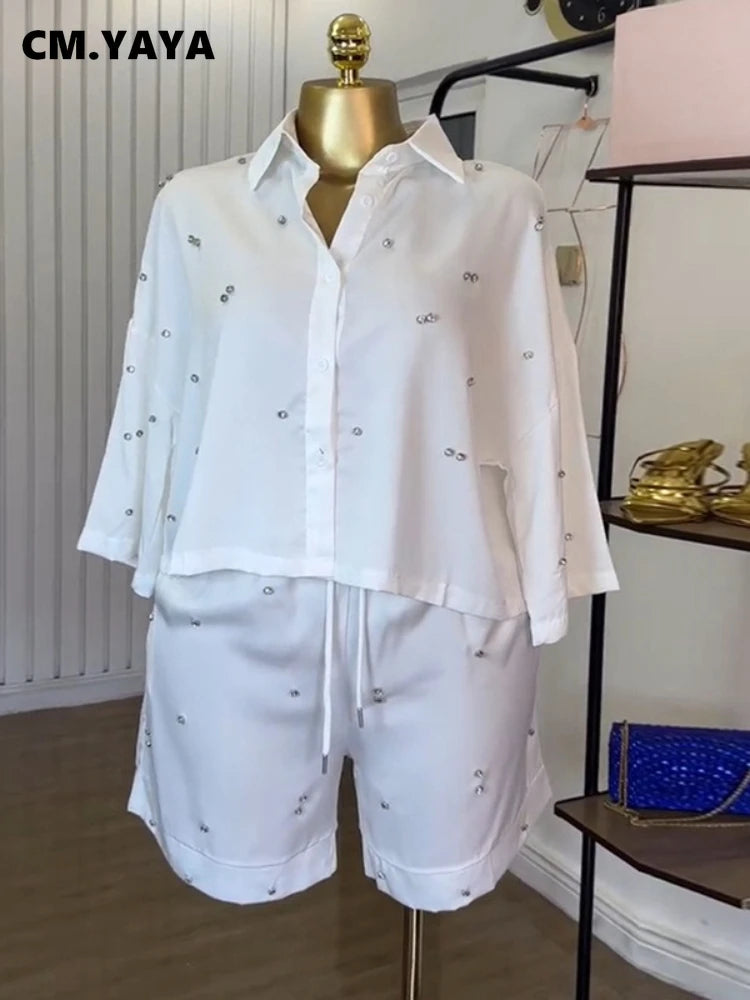 Beading Women's Set Long Sleeve Shirt and Shorts Suit 2025 Summer OL Fashion Two 2 Piece Sets Outfit Tracksuit