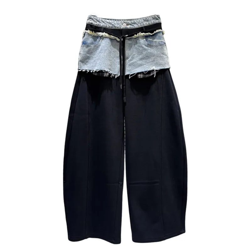 Winter New Fashion Frayed Denim Skirt Patchwork Design Fleece Lined Scimitar Pants For Women Casual Pant 11A07715