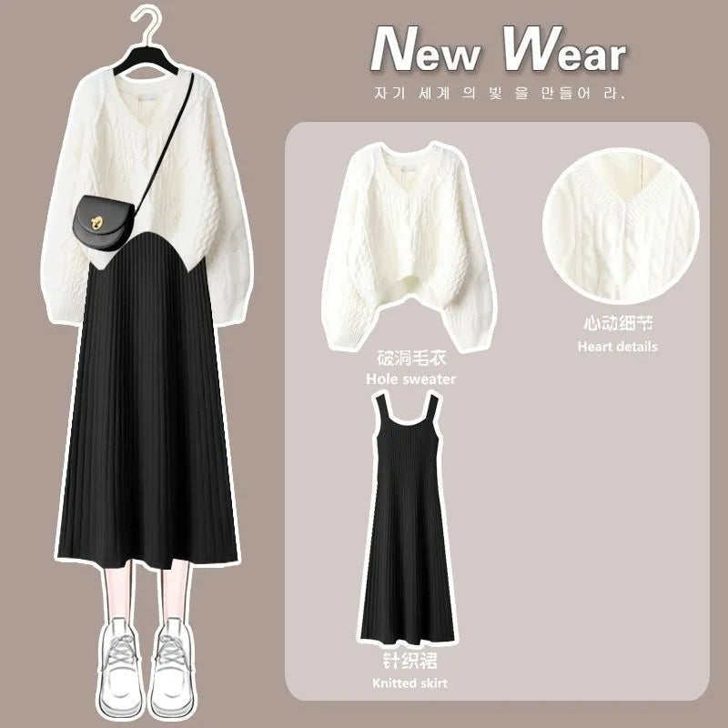Women's 2024 Autumn Winter New Fashion V-Neck Sweater Knitted Dress Two Piece Korean Elegant Top Skirt Matching Set Female Suit Set 06