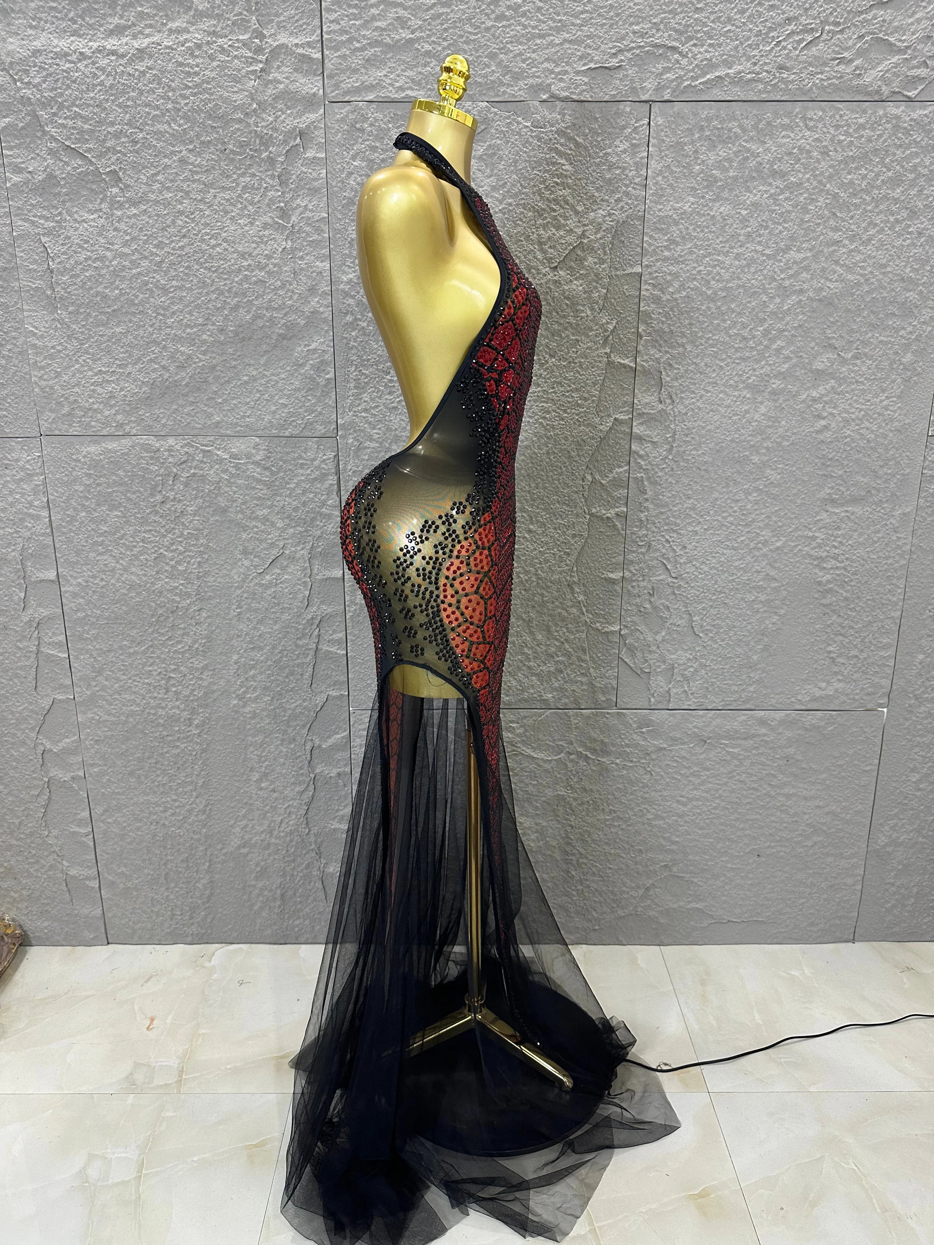 Luxurious Rhinestone Opulent Maxi Dress Women Halter Neck Sheer Mesh Black Red Crystal Embellished Stage Gown