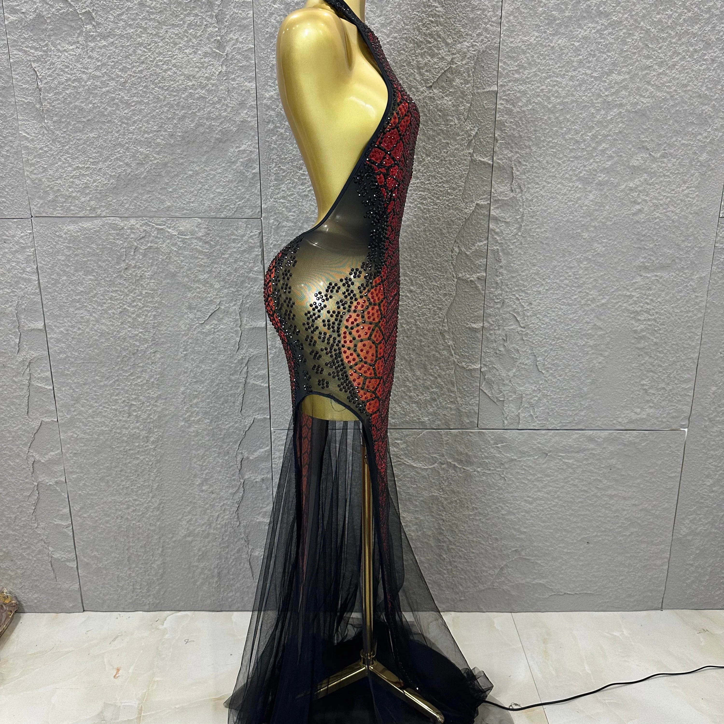Luxurious Rhinestone Opulent Maxi Dress Women Halter Neck Sheer Mesh Black Red Crystal Embellished Stage Gown